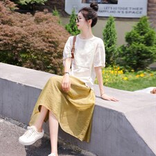 2022夏装新款舒适提花短袖上衣百搭纱裙两件套女士套装套裙，女装套装/套裙，木子恋