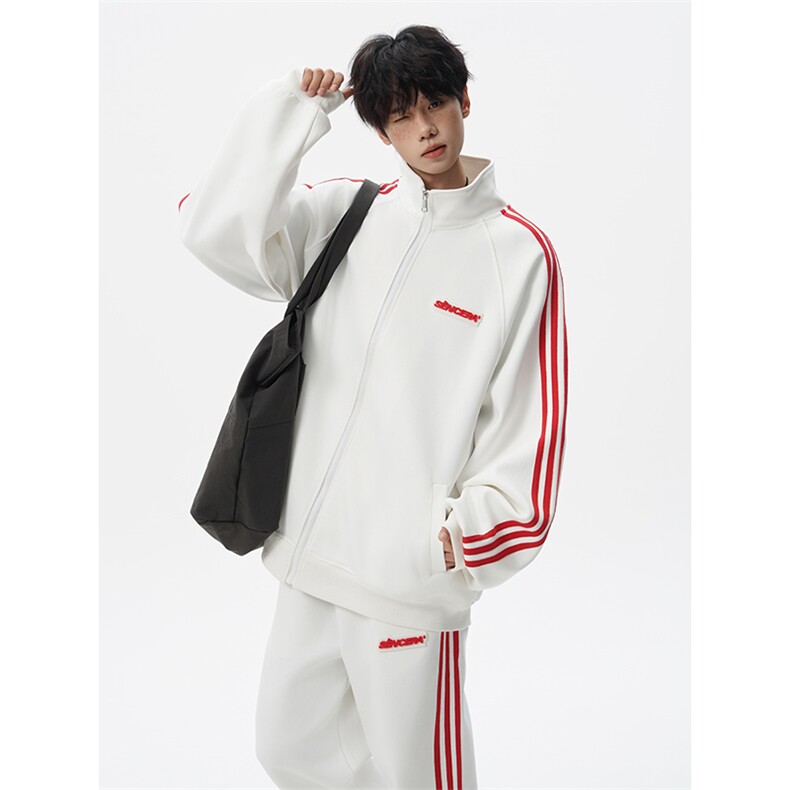 8XL-M条纹撞色开衫新年红卫衣运动套装潮牌运动服校园风TZ114P118图片