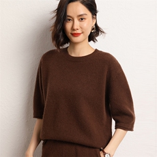 圆领羊绒衫女纯山羊绒五分袖加厚宽松毛衣针织慵懒打底衫，女装羊绒衫，五色羊羊绒