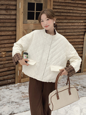 米白色撞色菱格保暖棉服外套2c309-872-p175-k258，女装棉衣/棉服，2C309