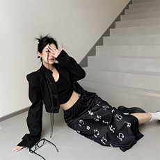 春夏新款复古小众风书法半身裙开叉中长款个性显瘦裙子女，男装休闲裤，星座716-2