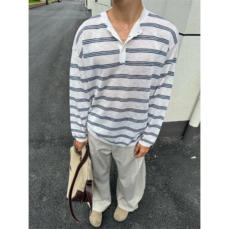 潮流简约原宿新款ins时尚慵懒日系圆领轻薄松弛感条纹针织衫MY22图片