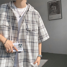 现货T10118-特批42控78活力格子衬衫男女宽松T恤短袖连帽开衫，男装T恤，电商A059