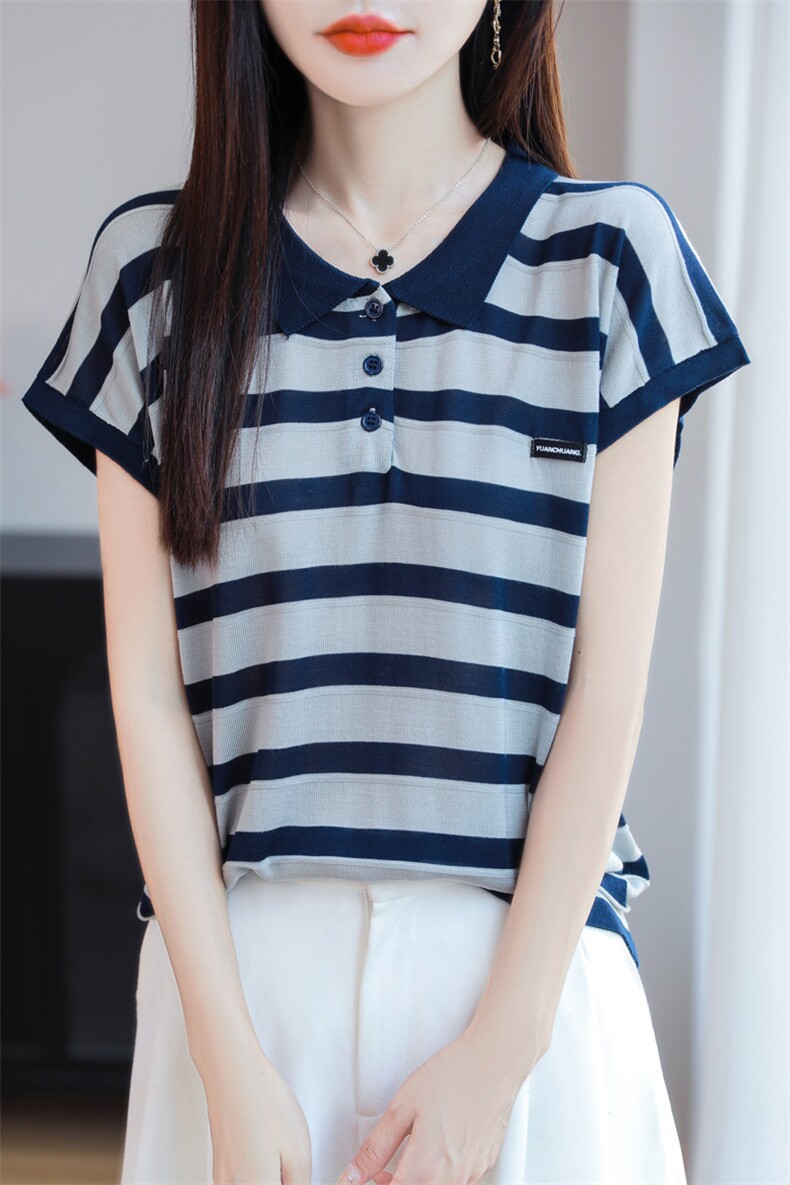 条纹针织小飞袖T恤女2025夏薄透气宽松显瘦短袖打底小衫上衣t恤潮,女装T恤,源达羊绒