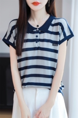 条纹针织小飞袖T恤女2025夏薄透气宽松显瘦短袖打底小衫上衣t恤潮，女装T恤，源达羊绒