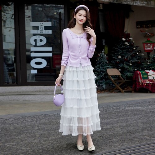 现货2026年春季气质优雅时尚潮流通用女针织衫上衣蕾丝连衣裙套装，女装套装/套裙，奋斗女王