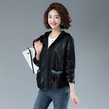 2020冬季新款针织拼接连帽皮衣外套，女装短外套，余墨