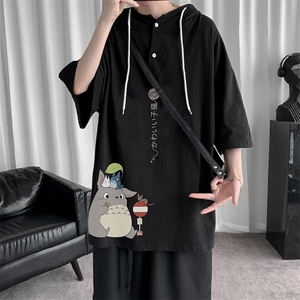 LD54152-P45 连帽短袖t恤男大码胖子带帽五分袖中袖图片