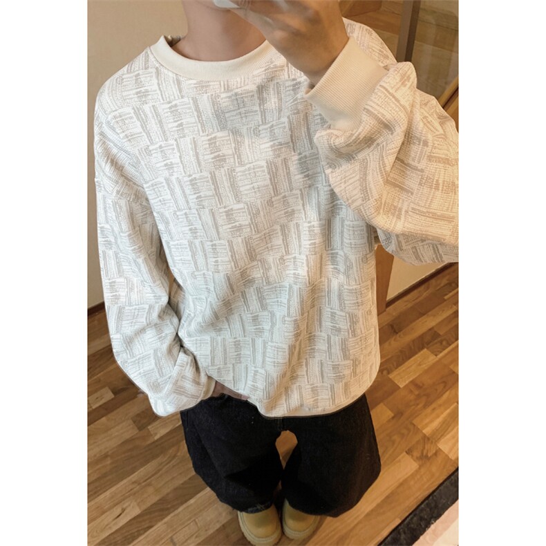 杏色圆领卫衣男生秋季格纹设计感长袖T恤复古宽松大码休闲上衣服,男装卫衣,电商A022