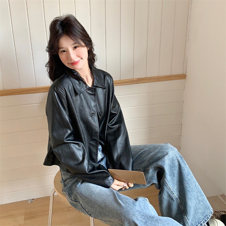 甜酷复古PU皮衣外套女2025早春新款黑色小翻领蛋白皮小个子上衣,女装皮衣,浙宝285（原212）