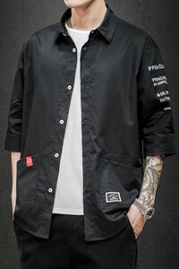 2021夏季新日系大码男马切达个性印花绣标宽松七分袖衬衫C553-P40图片