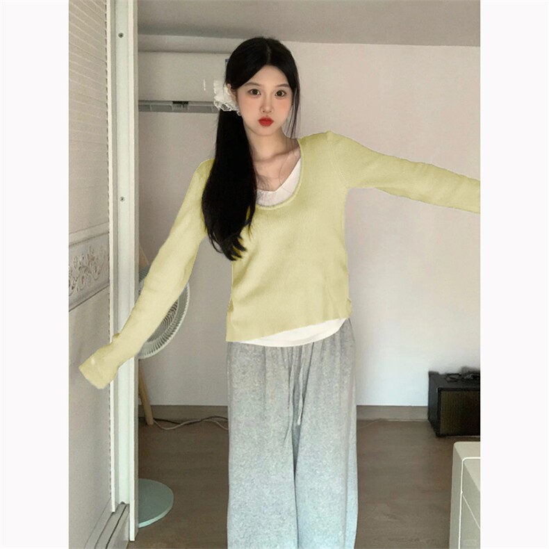 QC021-P48假两件女上衣24新款慵懒v领针织衫秋季内搭打底衫毛衣,女装卫衣/绒衫,星座617A-2
