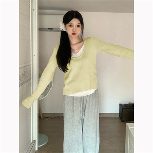 QC021-P48假两件女上衣24新款慵懒v领针织衫秋季内搭打底衫毛衣图片