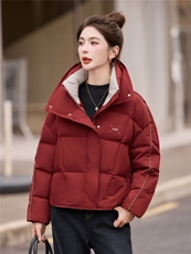 时尚撞色双层领短款羽绒服女2025冬季加厚保暖90白鸭绒面包服外套，女装羽绒服，艾尚靓装