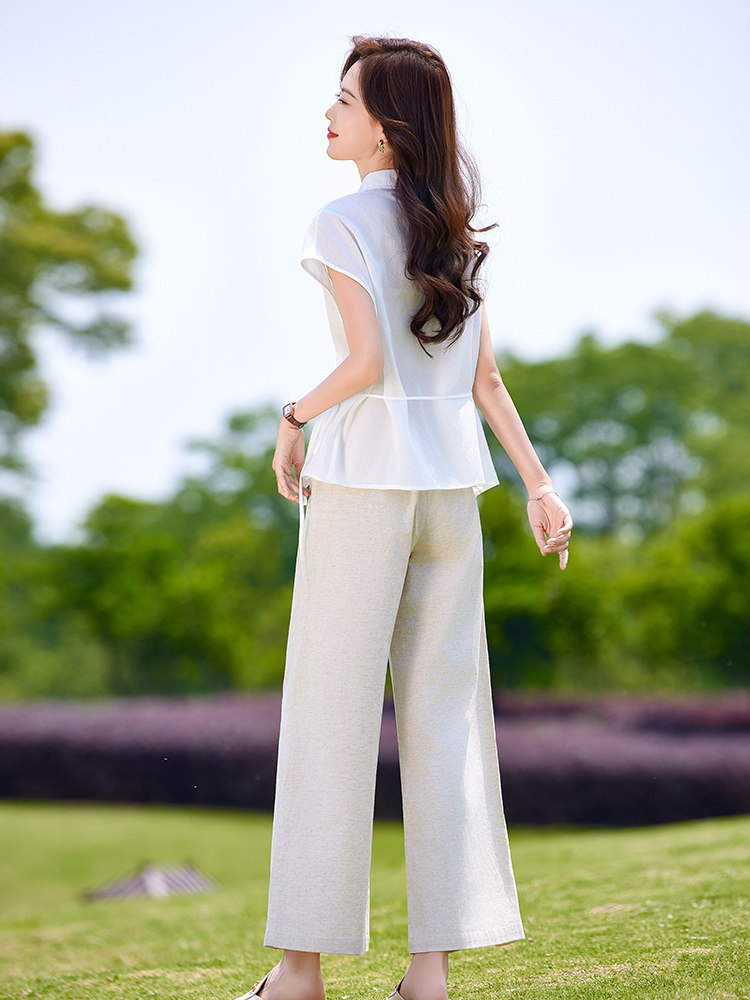 时尚休闲套装女夏季薄款2025新款高级感减龄短袖衬衫阔腿裤两件套,女装套装/套裙,靓衣阁