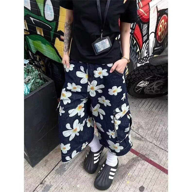 复古邹菊印花工装牛仔七分裤女夏季街头阔腿五分裤短裤KD19,男装牛仔裤,星座1116A（原606A-3）