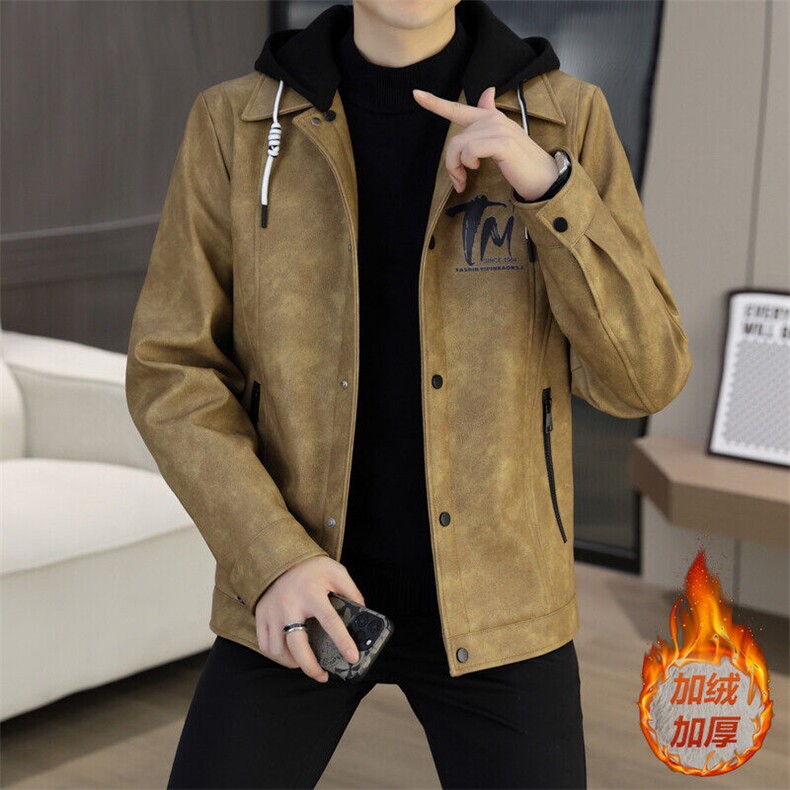 2025新款假两件加绒加厚皮衣外套男帽可脱卸，男装皮衣，星座1206（原A206）