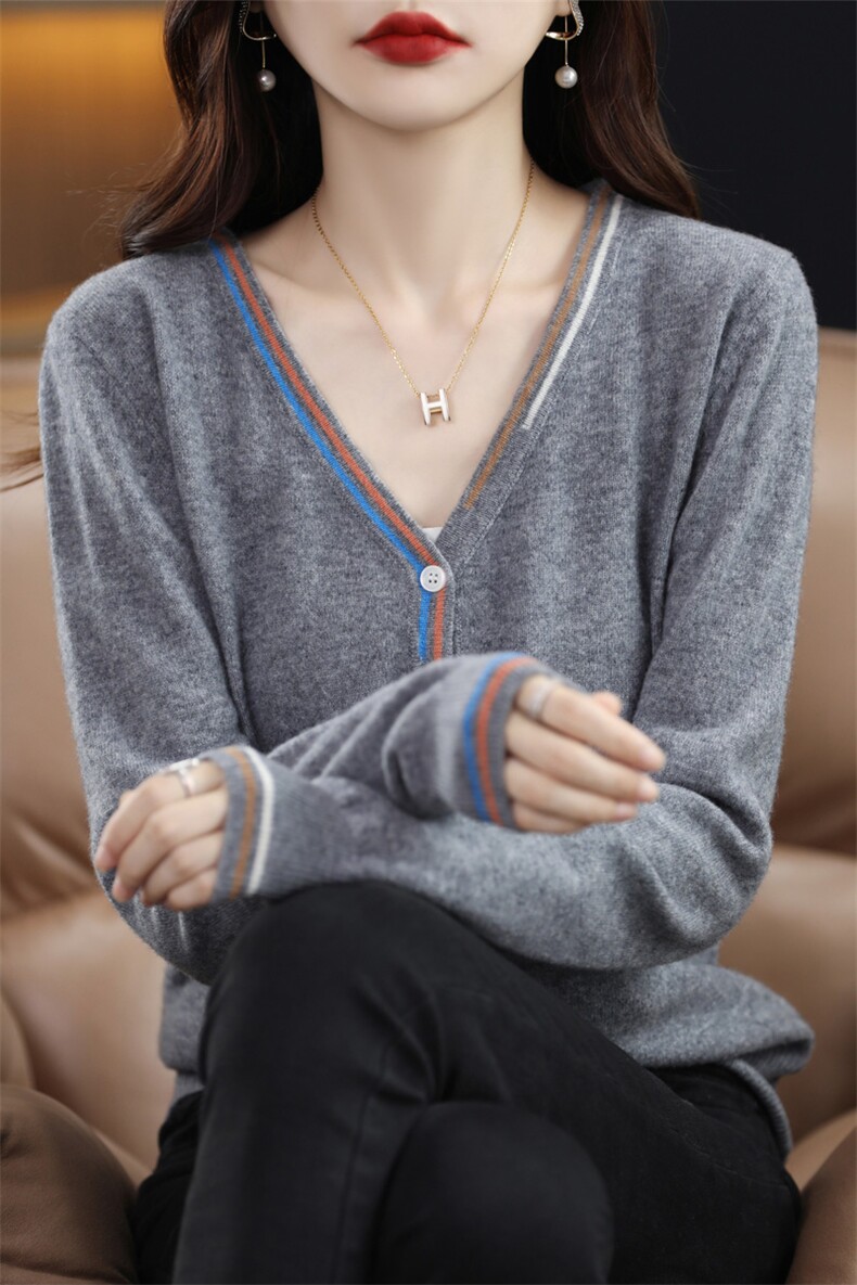 2024秋季新款彩色V领单排扣羊毛开衫,女装羊毛衫,端硕羊绒