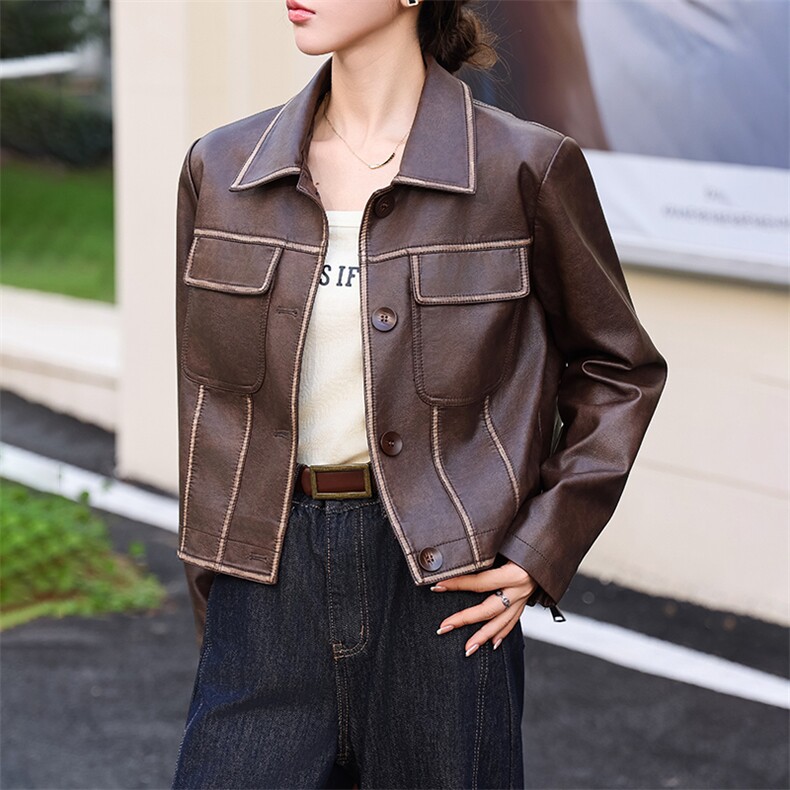 2024新款安哥拉色立领小皮衣女短款机车百搭修身外套夹克春秋装,女装皮衣,美拉德工厂直营店