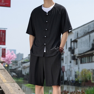 2025夏季风男装套装针织竖纹理唐装套装短袖+短裤A101-P75