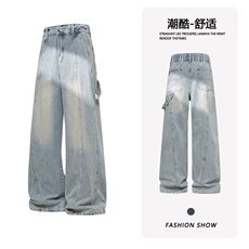 B221美式ins高街暗黑拼接宽松直筒工装牛仔裤LK26641-特P45控78，男装牛仔裤，电商B221