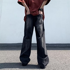 美式复古破洞牛仔裤男女夏黑色高街阔腿裤宽松潮牌裤子-K7055-p49，男装牛仔裤，星座601-2
