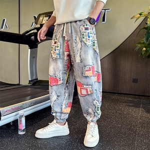 复古港风设计感牛仔裤男潮流宽松个性补丁炸街束脚牛仔裤Y211-P78图片