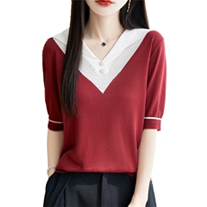 拼色海军领莱赛尔天丝针织衫五分袖T恤女宽松镂空珍珠扣短袖上衣，女装蕾丝衫/雪纺衫，暖烁羊绒