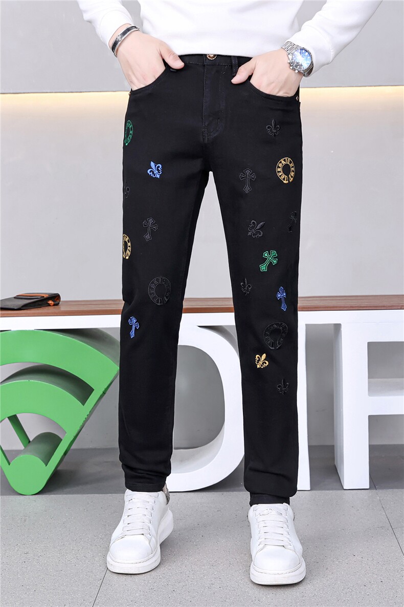 秋冬新款轻奢欧货潮牌刺绣水洗牛仔裤男修身小脚休闲百搭长裤,男装牛仔裤,电商D218