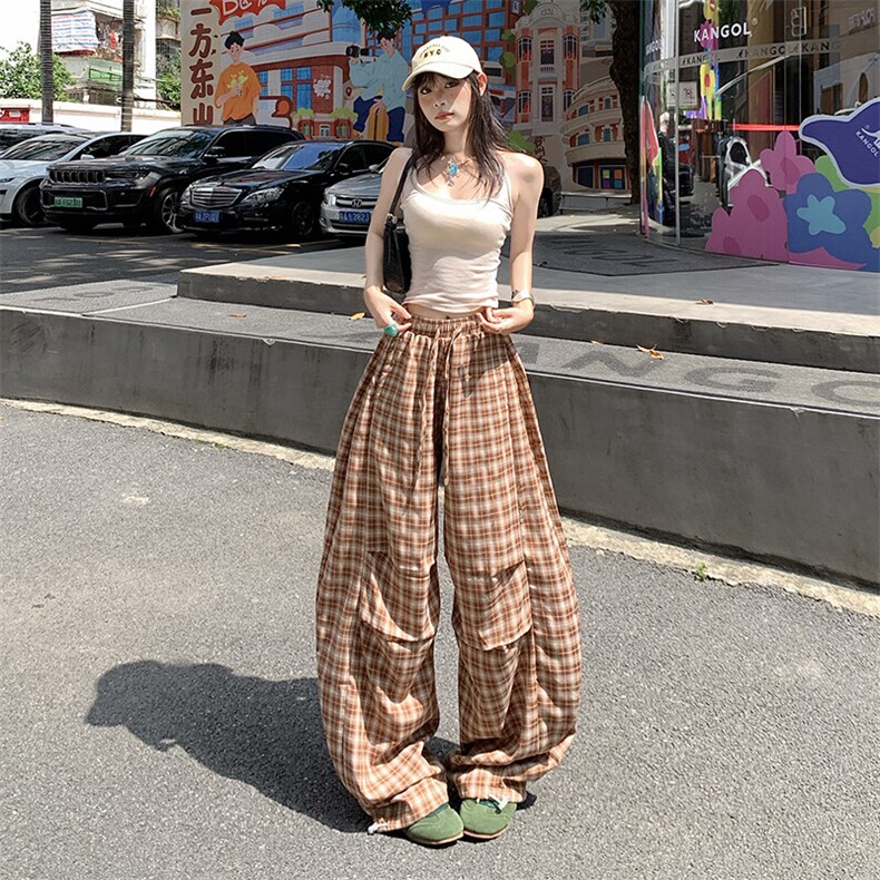 美式渐变格纹休闲裤男女夏季工装裤宽松直筒阔腿长裤YD9030-P65图片