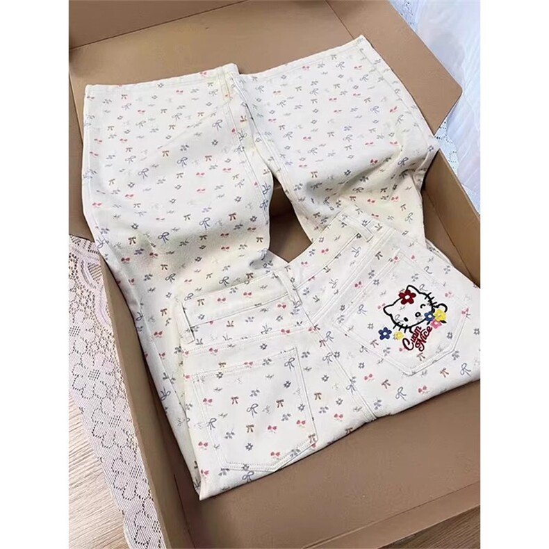 AK2348-P50刺绣kitty猫牛仔裤女夏季直筒高腰显瘦阔腿梧桐裤子潮,女装休闲裤,星座617A-2