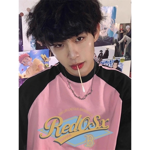 抖音得物品质二开240克宽松纯棉美式潮牌插肩三杠织带短袖T恤图片