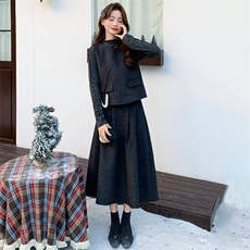 2026年春季法式时尚潮流舒适洋气带高级感磨毛呢马甲三件套裙，女装套装/套裙，心心服饰