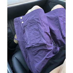紫色运动短裤男款夏季薄款速干美式高街大口袋五分工装裤直筒中裤图片