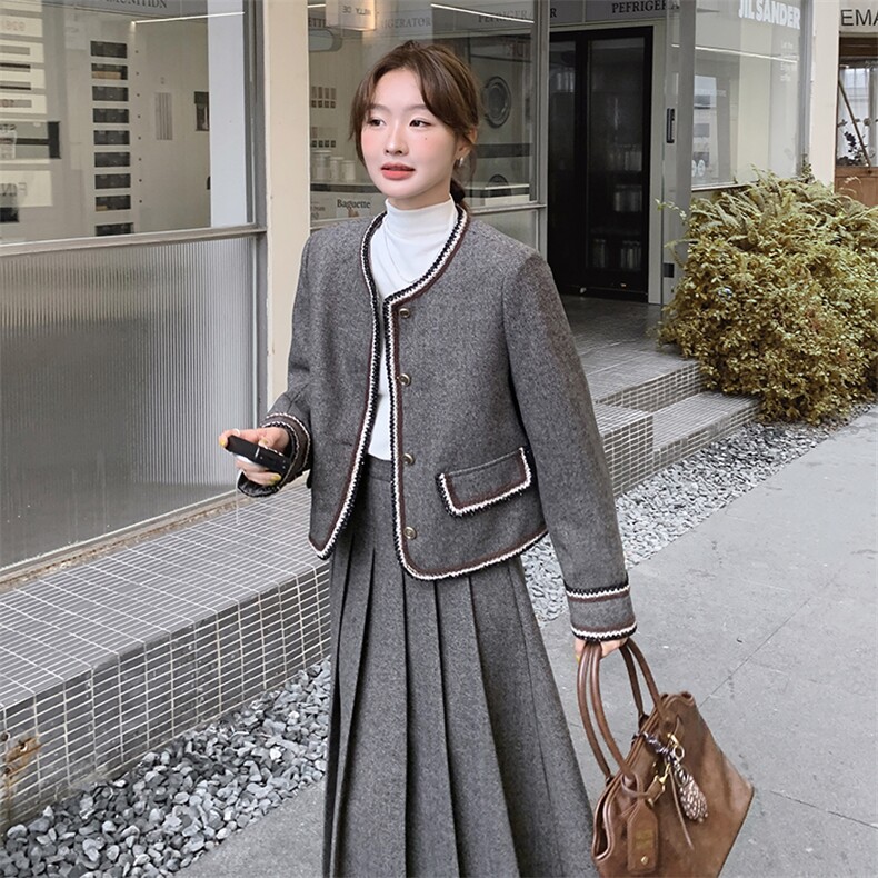 新款高品质毛呢外套百褶裙两件套【上衣内里加棉】,女装套装/套裙,2C269