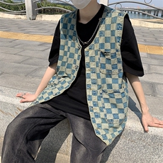 夏季港风韩版ins复古格子工装牛仔马甲宽松背心外套潮W941-P30，男装背心/马甲，星座512-2