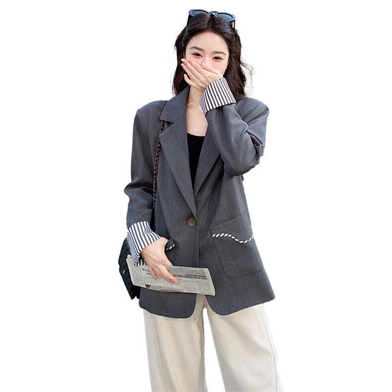 28081-7708-P145-K218春装新款灰色休闲百搭设计感西装外套,女装西装,2B081