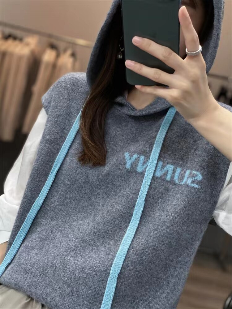 新款连帽抽绳无袖针织衫女马甲背心外穿纯色内搭毛衣,女装马甲,千御纺羊绒