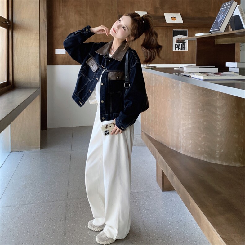 深蓝色复古PU皮翻领拼接牛仔外套女2025秋小个子气质休闲短款夹克,女装短外套,2C129