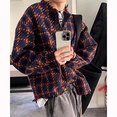 潮牌格子流苏外套男秋冬季2025款复古百搭美式重磅毛边宽松夹克，男装夹克，星座506A