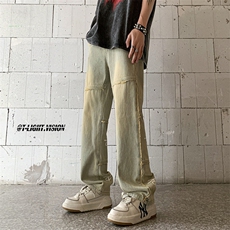 B221美式ins高街暗黑小众毛边印花直筒牛仔裤LK23108-P65控88，男装牛仔裤，电商B221