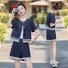 2025韩版夏季薄时尚显瘦蕾丝拼接牛仔短袖短裤套装，女装套装/套裙，贵人树