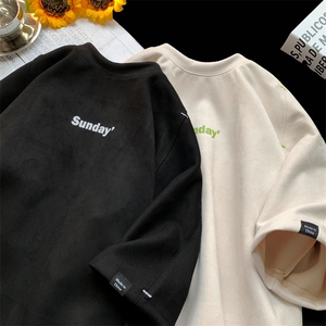 麂皮绒短袖男T恤重磅日系T复古美式港风大码T1016-1 T188 P35 K49图片