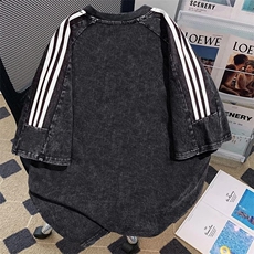 抖音得物高品质240克美式复古潮牌做旧水洗三条杠织带短袖T恤YQ45，男装T恤，电商A486