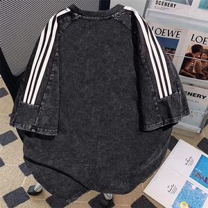 抖音得物高品质240克美式复古潮牌做旧水洗三条杠织带短袖T恤YQ45图片
