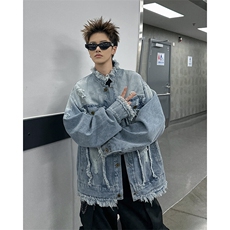 美式水洗做旧流苏毛边牛仔外套潮牌宽松休闲时尚外套，男装夹克，星座410-7