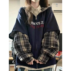 F241014-P85美式大码假两件拼接格子连帽拉链卫衣设计感潮外套，女装短外套，星座617A-2