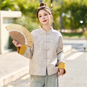 新中式国风提花短款外套女2025春季新款盘扣高端气质撞色唐装上衣图片