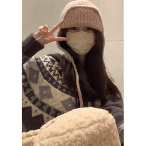 重磅秋冬北极绒开衫毛衣美式复古休闲慵懒风牛角扣针织衫连帽外套图片