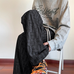 灯芯绒裤子男生春秋季高街扎染格子重磅卫裤大码宽松直筒阔腿长裤图片